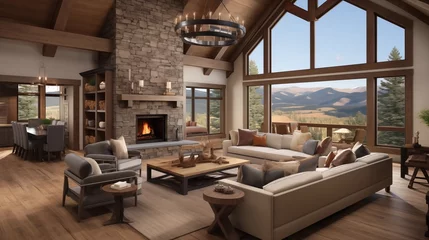 Papier Peint photo Lavable Mur chinois Mountain craftsman great room with vaulted ceilings timber beams cozy window seat and oversized stone fireplace.
