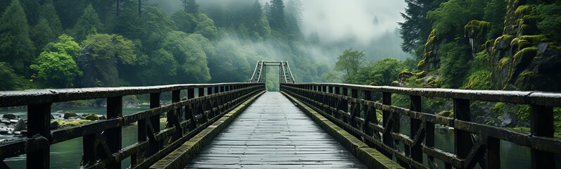 Panoramic view of wooden bridge over lake in the morning mist