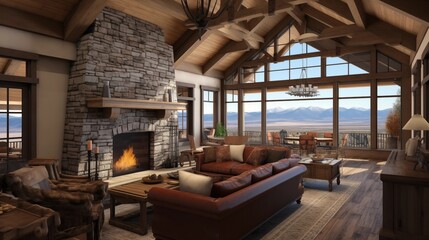 Fototapeta premium Mountain craftsman great room with vaulted ceilings timber beams cozy window seat and oversized stone fireplace.
