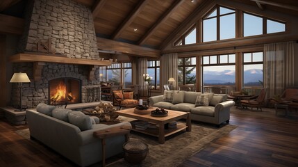 Mountain craftsman great room with vaulted ceilings timber beams cozy window seat and oversized stone fireplace.