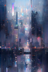 Abstract painting of the busy New York at dusk after rain