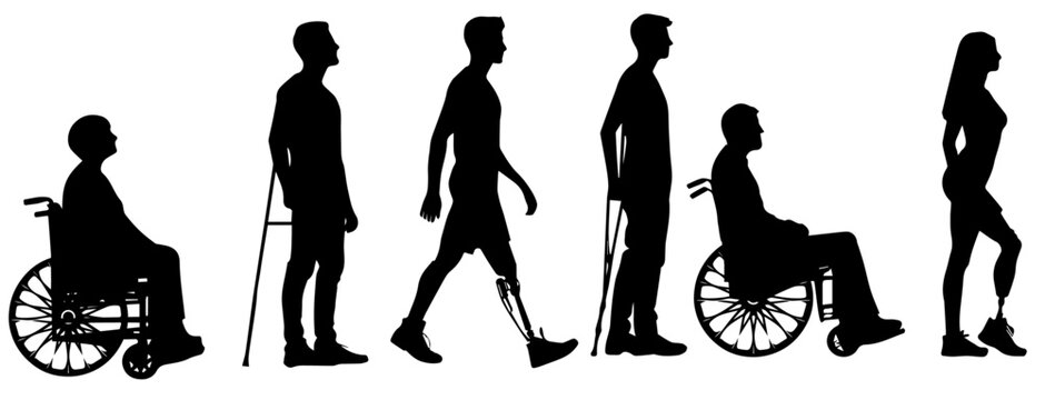 Diverse Silhouettes of Disabled Individuals: Wheelchair Users, Leg Blades, and Amputees in Line Illustration Against White Background