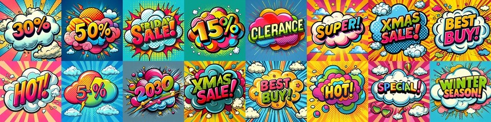 Sale stickers pop art style. AI generated illustration