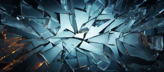 A close up of a shattered glass window in a dimly lit room, reflecting an electric blue hue. The broken pieces create intricate patterns resembling triangles, resembling a piece of visual art