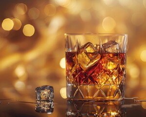 Elegant whiskey glass on golden texture, ice cubes glisten, luxury and warmth in every sip