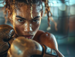 Empowered focus, a woman boxer trains in the gym, her determination sculpted in every punch and jab - obrazy, fototapety, plakaty