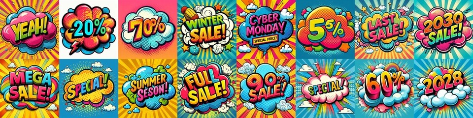 Sale stickers pop art style. AI generated illustration