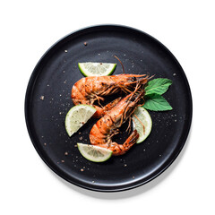 Delicious grilled prawns with lemon and coarse salt, with transparent background and shadow