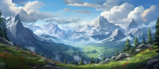 Naklejka na ściany i meble A stunning natural landscape painting of a mountain valley with trees and mountains in the background under a beautiful sky filled with fluffy cumulus clouds