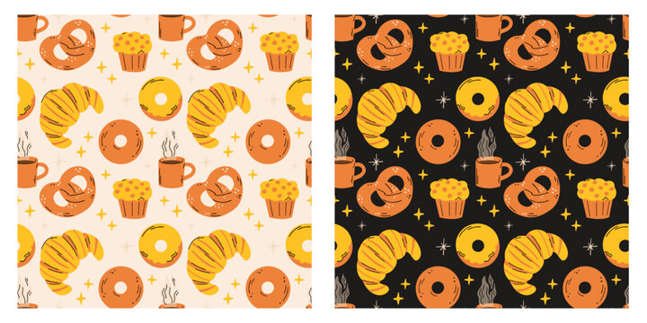 Bakery seamless vector patterns set with different types of baked desserts. Collection of breakfast food elements illustration doodle patterns with coffee, croissant, pretzel, donuts for cafe, shop