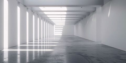 3D render of an abstract white empty room with a long corridor and lights