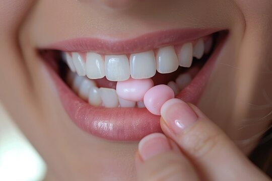 Woman Taking Pink Chewing Gum. Closeup of Eating Gum with White Teeth and Mouth