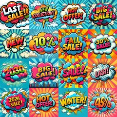 Obraz premium Sale stickers pop art style. AI generated illustration