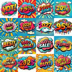 Sale stickers pop art style. AI generated illustration