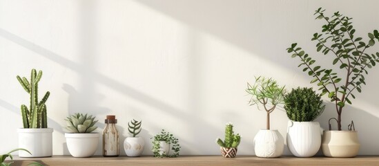Scandinavian room with a design featuring plants like cacti and succulents in trendy pots on a brown shelf, against white walls. This embodies a modern, floral-themed home garden,