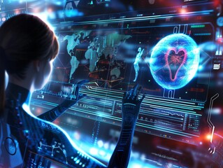 A woman is looking at a computer screen with a heart on it. The heart is surrounded by a blue sphere. The woman is wearing a black outfit and is touching the screen with her hands