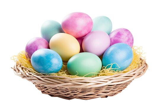 Multi colors Easter eggs in the woven basket isolated on white background with clipping path. Pastel color Easter eggs - generative ai