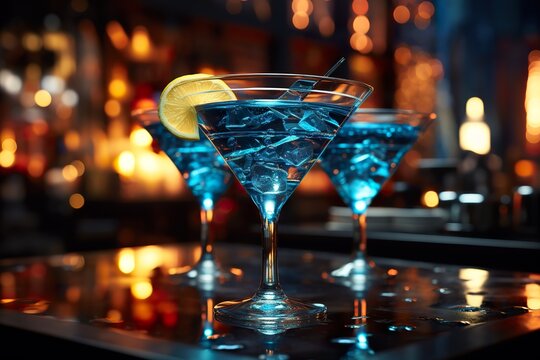 minimalistic design Closeup of a delicious refreshing blue cocktail on a bar counter, the extreme right third of an image,