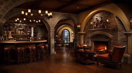 Old World-inspired home pub with arched brick barrel ceilings stone floors custom built-in bar back with tap system and cozy fireplace. - obrazy, fototapety, plakaty