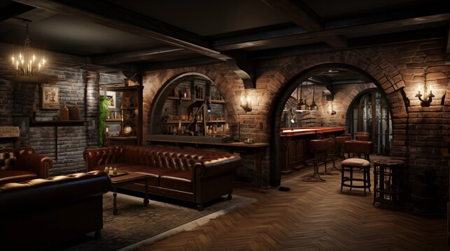 Old World inspired basement speakeasy lounge with brick archways wood beams antique bar and diamond plank wood floors.