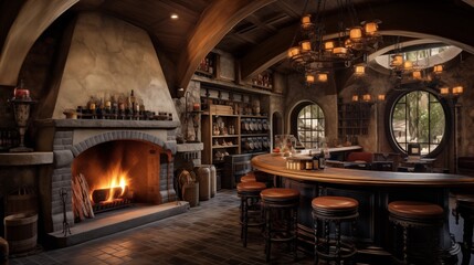Fototapeta na wymiar Old World-inspired home pub with arched brick barrel ceilings stone floors custom built-in bar back with tap system and cozy fireplace.