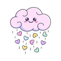 Cute cartoon cloud with a smiling face raining with hearts. Vector kids drawing, illustraion