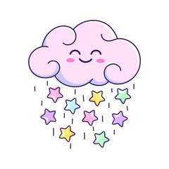 Cute cartoon cloud with a smiling face raining with stars. Vector kids drawing, illustraion
