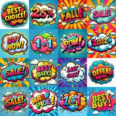 Fototapeta premium Sale stickers pop art style. AI generated illustration