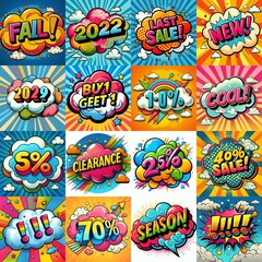 Fototapeta premium Sale stickers pop art style. AI generated illustration