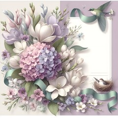 A colorful bouquet of flowers with a bird nestled in the middle, of delicate elegant white flowers, hydrangeas,   with a ribbon and pearls