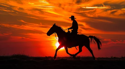 Fotobehang man with horse riding at sunset © Ghulam Nabi