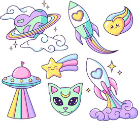 Space objects in a shape of heart. Planet, ufo, alien, cat, rocket, rainbow, star cartoon drawings, vector illustrations