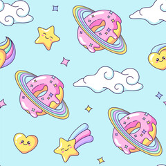 Naklejka premium Space donut, doughnut planet with rainbow rings seamless pattern, background. Cute cartoon drawing, vector illustration with stars, hearts and clouds