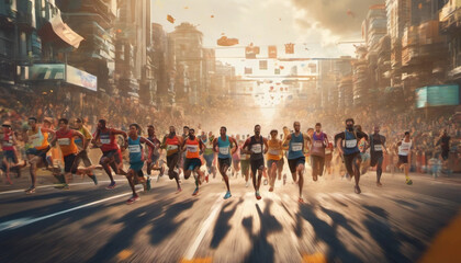 A lot of people taking part in a race. Running people - Generative AI.  - obrazy, fototapety, plakaty