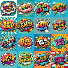 Fototapeta premium Sale stickers pop art style. AI generated illustration