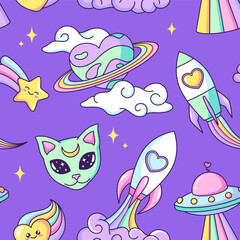 Space objects in a shape of heart seamless pattern, background. Planet, ufo, alien, cat, rocket, rainbow, star cartoon drawings, vector illustrations