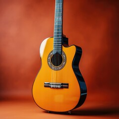 Naklejka premium Acoustic guitar on red background Generative AI