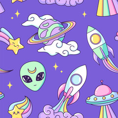 Space objects seamless pattern, background. Planet, ufo, alien, rocket, rainbow, star cartoon drawings, vector illustrations