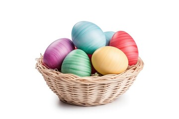 Obraz na płótnie Canvas Multi colors Easter eggs in the woven basket isolated on white background with clipping path. Pastel color Easter eggs - generative ai