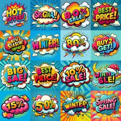 Obraz premium Sale stickers pop art style. AI generated illustration