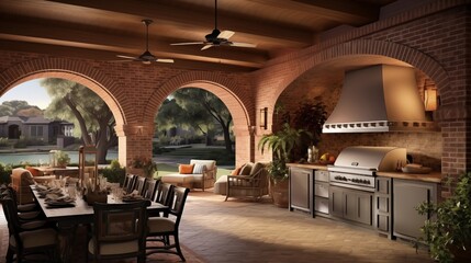 Open-air indoor/outdoor loggia kitchen and living area with bead board ceilings brick arches and scenic vistas. - obrazy, fototapety, plakaty
