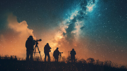 Stargazers in Front of Cosmic Sky - obrazy, fototapety, plakaty