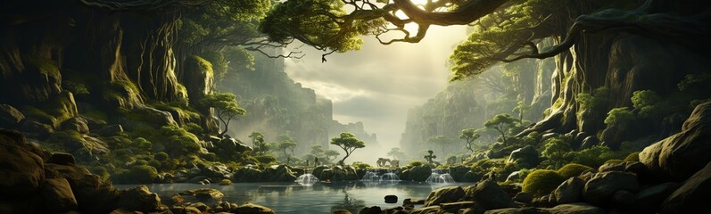 Bonsai tree in the forest. Panorama of Bonsai tree - obrazy, fototapety, plakaty
