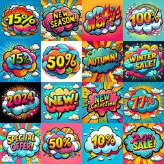 Fototapeta premium Sale stickers pop art style. AI generated illustration