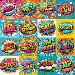 Fototapeta premium Sale stickers pop art style. AI generated illustration