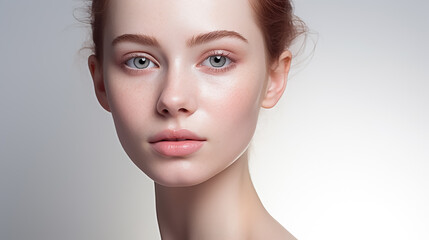 Beautiful young woman with clear skin and red hair on a white background. Skin care.