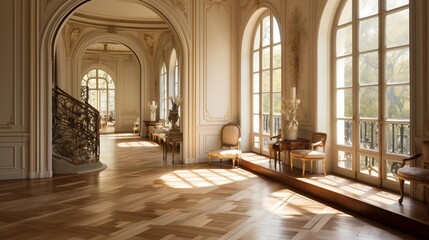 Opulent French chateau oval hallway with arched windows herringbone parquet floors mirror-paneled walls gilded plaster details and curving staircases. - obrazy, fototapety, plakaty