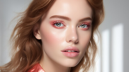 Beautiful young woman with clear skin and red hair on a white background. Skin care.