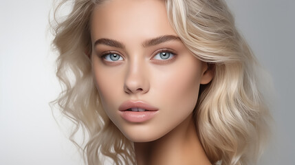 Beautiful young woman with clean skin on a white background. Skin care.