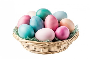 Naklejka na ściany i meble Multi colors Easter eggs in the woven basket isolated on white background with clipping path. Pastel color Easter eggs - generative ai